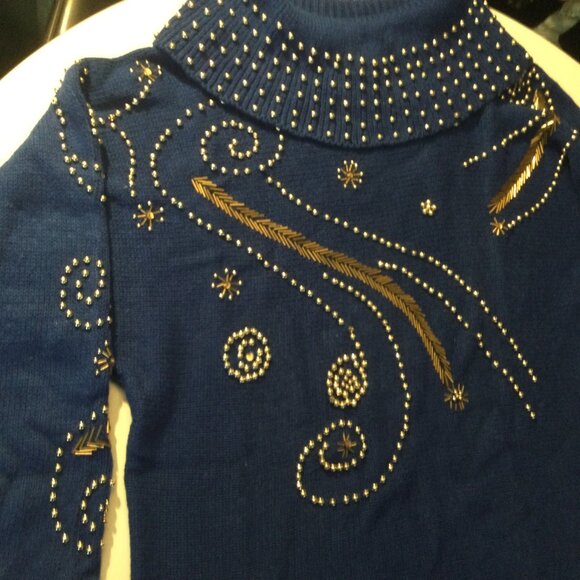 Victoria Harbour Blue n Gold Ladies Bedazzled sweater Vintage size: L - Picture 5 of 9
